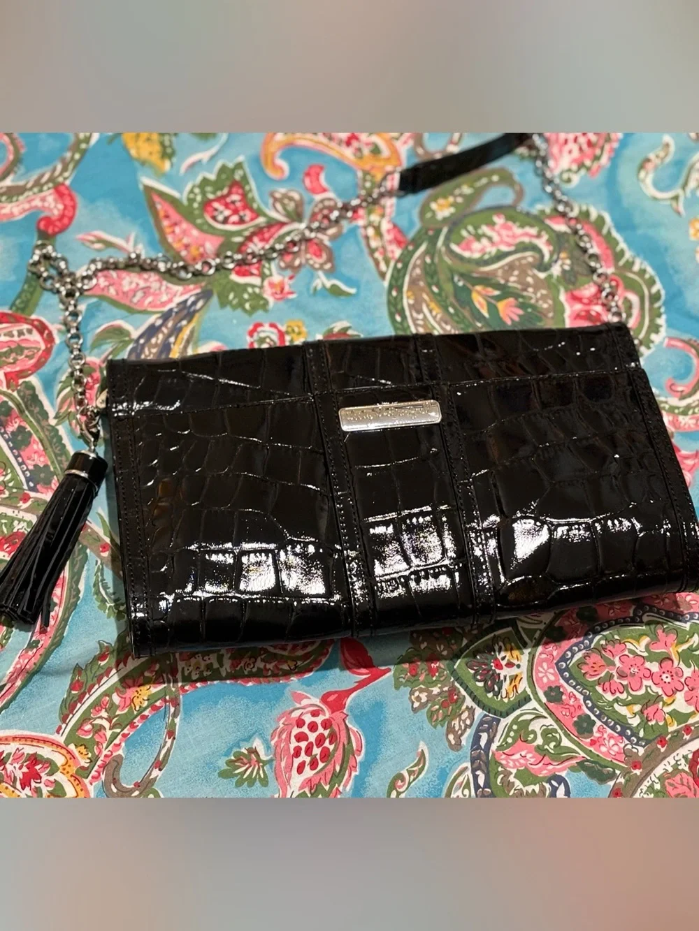 KELLY RUTHERFORD black patent RHINESTONE clutch SHOULDER BAG